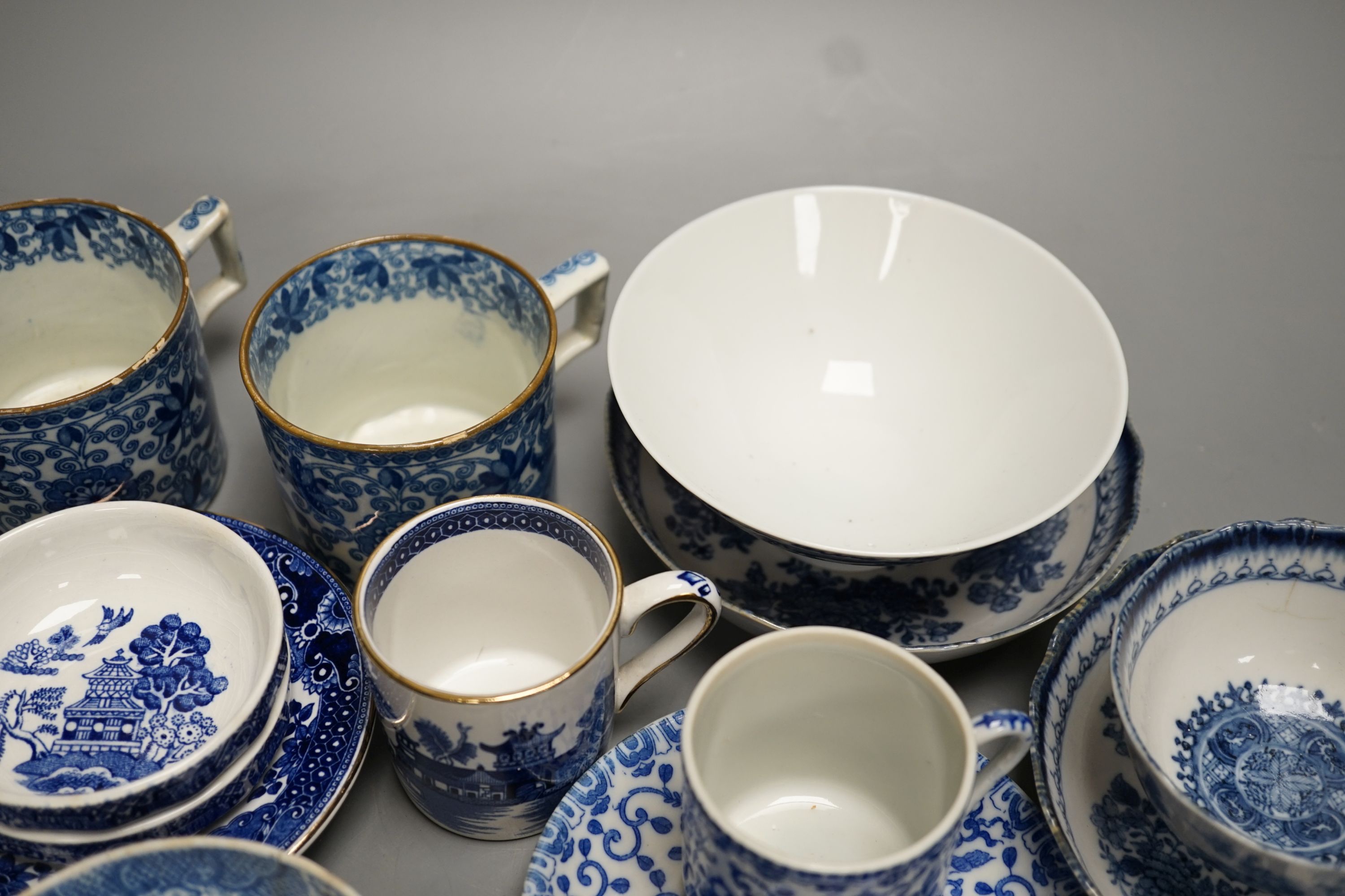 Mixed blue and white tableware including Burleigh ware, Wood’s and other 19th century blue and white china